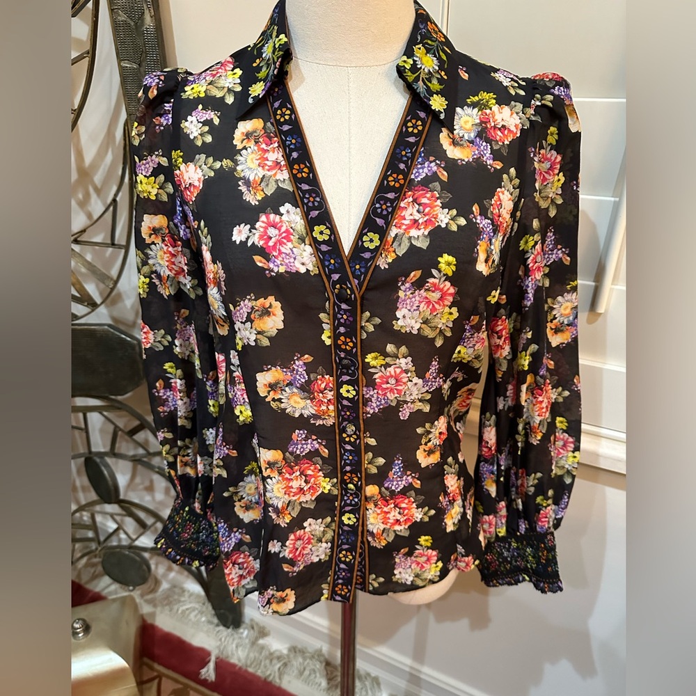 Alice + Olivia Black Floral Blouse with Multicolor Accents